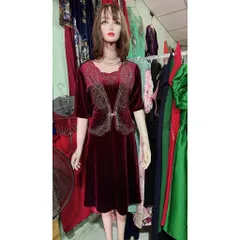 Đầm nhung ép đá che bụng siêu đẹp Hàng có sẵn giao ngay Giá 399k Màu đỏ đô Chất liệu nhung co giãn dễ mặc