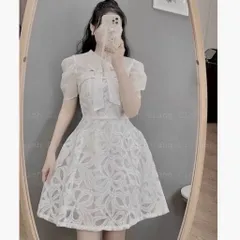 Đầm Ren Dây Kim Sa Phối Tơ Nơ Cổ Siêu Xinh Có Video Ảnh Thật Hàng có sẵn giao ngay S Màu trắng kem Giá 290k