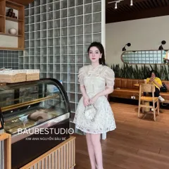 Đầm Ren Dây Kim Sa Phối Tơ Nơ Cổ Siêu Xinh Có Video Ảnh Thật Hàng có sẵn giao ngay S Màu trắng kem Giá 290k
