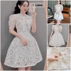 Đầm Ren Dây Kim Sa Phối Tơ Nơ Cổ Siêu Xinh Có Video Ảnh Thật Hàng có sẵn giao ngay S Màu trắng kem Giá 290k