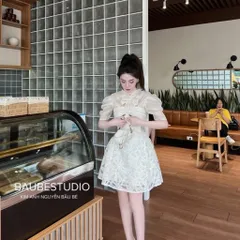 Đầm Ren Dây Kim Sa Phối Tơ Nơ Cổ Siêu Xinh Có Video Ảnh Thật Hàng có sẵn giao ngay S Màu trắng kem Giá 290k