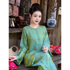set áo và quần Pháp phục, áo bà ba cách tân tơ ánh xá sang trọng mẫu mới cao cấp Chất liệu Thọ dơi Tencel ánh kim