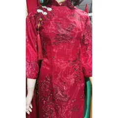 Áo dài Hạc Vũ kèm tag tua rua họa tiết sang trọng đi lễ chùa lễ Tết + kèm quần ( đỏ hoặc trắng) Giá 390k/ cả set