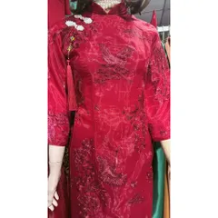 Áo dài Hạc Vũ kèm tag tua rua họa tiết sang trọng đi lễ chùa lễ Tết + kèm quần ( đỏ hoặc trắng) Giá 390k/ cả set