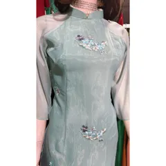 Set áo dài xanh ngọc  thêu hoạ tiết tơ thêu tay lỡ + quần suông gấm lụa thun sau  Hàng có sẵn giao ngay S Giá 420k