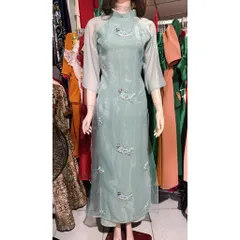 Set áo dài xanh ngọc  thêu hoạ tiết tơ thêu tay lỡ + quần suông gấm lụa thun sau  Hàng có sẵn giao ngay S Giá 420k