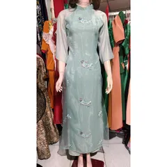 Set áo dài xanh ngọc  thêu hoạ tiết tơ thêu tay lỡ + quần suông gấm lụa thun sau  Hàng có sẵn giao ngay S Giá 420k