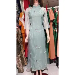 Set áo dài xanh ngọc  thêu hoạ tiết tơ thêu tay lỡ + quần suông gấm lụa thun sau  Hàng có sẵn giao ngay S Giá 420k