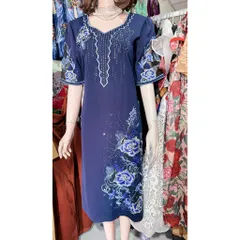 ĐẦM TRUNG NIÊN ĐẦM THÊU 3D ĐÍNH ĐÁ CHO MẸ VÀ BÀ  Eo dứoi 90cm mặc đẹp Giá 399k Màu xanh đậm