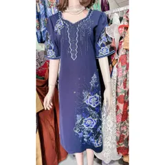 ĐẦM TRUNG NIÊN ĐẦM THÊU 3D ĐÍNH ĐÁ CHO MẸ VÀ BÀ  Eo dứoi 90cm mặc đẹp Giá 399k Màu xanh đậm