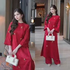 Cả bộ  Áo dài (Set) châu sa tag hai loại buom và hoa hồng cho các c e chọn ạ  Màu đỏ  Hàng có sẵn giao ngay Size SM