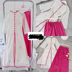 (Có bigsize eo dứoi 84cm) Áo dài tơ thêu tà xẻ màu kem quần hồng mặc tết, đồ lam đi chùa Eo dứoi 84 cm mặc đẹp