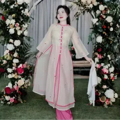 (Có bigsize eo dứoi 84cm) Áo dài tơ thêu tà xẻ màu kem quần hồng mặc tết, đồ lam đi chùa Eo dứoi 84 cm mặc đẹp