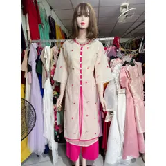 (Có bigsize eo dứoi 84cm) Áo dài tơ thêu tà xẻ màu kem quần hồng mặc tết, đồ lam đi chùa Eo dứoi 84 cm mặc đẹp
