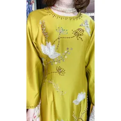 [Lụa Ruby xanh bơ ]_Áo dài mẹ sui lụa ruby xanh bơ thêu và đính kết tỉ mỉ  Hàng có sẵn giao ngay 3XL, eo dứoi 90cm