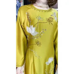[Lụa Ruby xanh bơ ]_Áo dài mẹ sui lụa ruby xanh bơ thêu và đính kết tỉ mỉ  Hàng có sẵn giao ngay 3XL, eo dứoi 90cm
