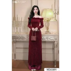 Set áo dài cách tân kim tuyến lấp lánh tiểu thư trễ vai phối lông vũ điệu đà đính đá kim sa cao cấp phối lông