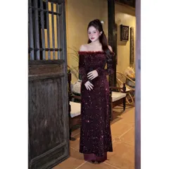 Set áo dài cách tân kim tuyến lấp lánh tiểu thư trễ vai phối lông vũ điệu đà đính đá kim sa cao cấp phối lông