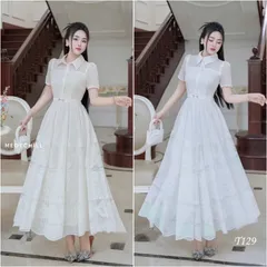 Đầm sơ mi ngắn tay thanh lịch, đầm dáng dài chiết eo tôn dáng, đầm công sở tiểu thư  Đủ size SML