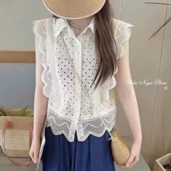Áo sơ mi kiểu xô viền ren bèo tay cánh tiên hàng QC! (có sẵn, hình thật)  Màu kem Hàng có sẵn giao ngay Dứoi 65kg mặc
