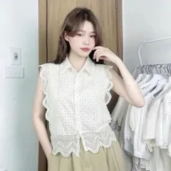 Áo sơ mi kiểu xô viền ren bèo tay cánh tiên hàng QC! (có sẵn, hình thật)  Màu kem Hàng có sẵn giao ngay Dứoi 65kg mặc