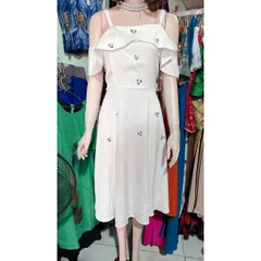 Đầm Dự Tiệc 2 Dây Trễ Vai Phối Đá Sang Trọng - Hàng có sẵn giao ngay  Size SMLXL màu trắng ( eo dưới 84cm)