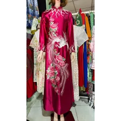 [LỤA RUBY ĐỎ đô KẾT ĐÁ CỔ, TAY] Áo dài mẹ cao cấp thêu phượng đính kết cổ lắc tay, Áo dài mẹ sui Hàng có sẵn giao ngay