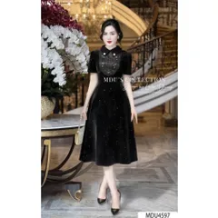 Đầm nhung Dáng Xòe Thiết Kế Đính kết tay tỉ mỉ Cách Điệu, Đính Đá Lấp Lánh Trên Nền Nhung Tuyết Cao Cấp  Hàng có sẵn