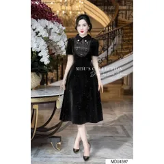 Đầm nhung Dáng Xòe Thiết Kế Đính kết tay tỉ mỉ Cách Điệu, Đính Đá Lấp Lánh Trên Nền Nhung Tuyết Cao Cấp  Hàng có sẵn