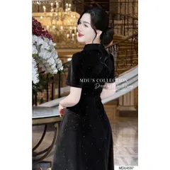 Đầm nhung Dáng Xòe Thiết Kế Đính kết tay tỉ mỉ Cách Điệu, Đính Đá Lấp Lánh Trên Nền Nhung Tuyết Cao Cấp  Hàng có sẵn