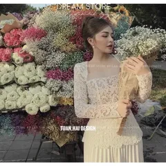 Set Thiết Kế Chất Liệu Ren  – Sang Trọng Set áo ren nữ tiểu thư cổ vuông dài tay đính kết siêu cấp kèm chân váy