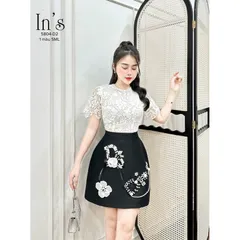 VÁY PHỐI REN ĐEN TRẮNG ĐÍNH KẾT HOA Hình thật shop chụp Giá 350k Hàng có sẵn giao ngay Eo dứoi 66cm