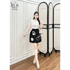 VÁY PHỐI REN ĐEN TRẮNG ĐÍNH KẾT HOA Hình thật shop chụp Giá 350k Hàng có sẵn giao ngay Eo dứoi 66cm