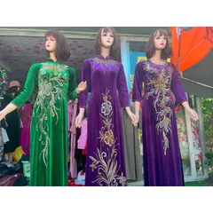 Áo daì nhung đính kêt siêu đẹp Hàng chụp thật 100% Xanh size S , tím giữa size L, tím bìa size XL Hàng siêu đẹp tỉ mỉ