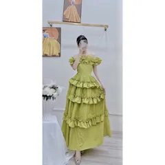 Đầm trễ vai chun eo dáng xòe  xanh bơ chất vải thô lụa Nhật váy xòe, chun trễ vai, chun eo, tạo độ ôm và thoải mái