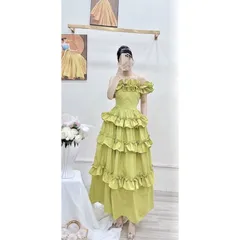 Đầm trễ vai chun eo dáng xòe  xanh bơ chất vải thô lụa Nhật váy xòe, chun trễ vai, chun eo, tạo độ ôm và thoải mái