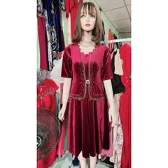 Đầm trung niên dạ hội nhung chính phẩm thiết kế giả vest giấu bụng tôn dáng,ép đá cao cấp sang trọng Giá 390k Màu đỏ đô