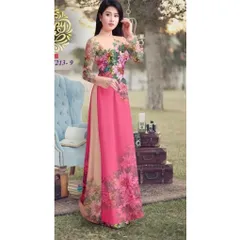 Áo dài nữ may sẵn thiết kế truyền thống đẹp cách tân nền màu hồng mềm mại, co giãn nhẹ Size SML, eo dứoi 75cm mặc đẹp