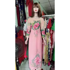Áo dài nữ may sẵn thiết kế truyền thống đẹp cách tân nền màu hồng mềm mại, co giãn nhẹ Size SML, eo dứoi 75cm mặc đẹp