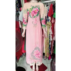 Áo dài nữ may sẵn thiết kế truyền thống đẹp cách tân nền màu hồng mềm mại, co giãn nhẹ Size SML, eo dứoi 75cm mặc đẹp