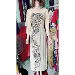 Áo dài đính kết và thêu vẽ thủ công nữ may sẵn thiết kế truyền thống đẹp cách tân nền màu kem mềm mại, co giãn nhẹ