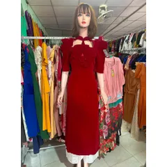 Set áo dài nhung màu đỏ đô + kèm quần Hàng có sẵn giao ngay XL Đủ size SMLXL eo dưới Chất liệu nhung cao cấp