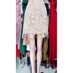 Chân Váy Ren Dài Ngang Gối Lưng Cao sang trọng Màu kem Đúp lót 2 lớp Hàng có sẵn giao ngay  Đủ size tới 80kg Giá 299k
