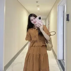Set váy nữ thiết kế, set ren lỗ hoa nổi qc áo sơ mi tay ngắn phối chân váy xòe dài , màu trẻ trung cho nàng đi biển