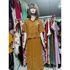 Set váy nữ thiết kế, set ren lỗ hoa nổi qc áo sơ mi tay ngắn phối chân váy xòe dài , màu trẻ trung cho nàng đi biển