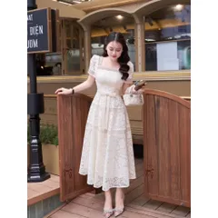 Đầm ren thiết kế dáng dài vintage cổ vuông tay ngắn hai lớp chất ren sữa nơ eo sang chành phù hợp đi tiệc, đi chơi