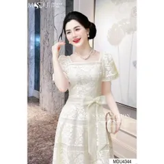 Đầm ren thiết kế dáng dài vintage cổ vuông tay ngắn hai lớp chất ren sữa nơ eo sang chành phù hợp đi tiệc, đi chơi