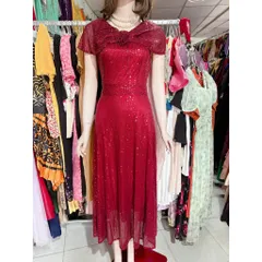 ĐẦM KIM SA DẠ HỘI DÁNG DÀI TAY CHOÀNG VAI DỰ TIỆC SIÊU XINH, che bắp tay Hang có sẵn giao ngay Màu đỏ đô Giá 420k
