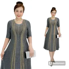 Đầm Trung Niên Đi Tiệc sang trọng, đẳng cấp- chất liệu Kim Sa Ánh Nhũ 2 lớp dày dặn Hàng có sẵn giao ngay Màu xám bạc