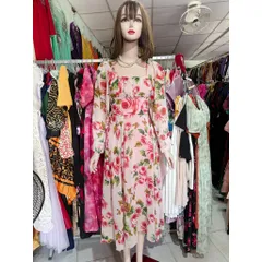 Đầm hoa Cổ vuông,tay dài  Hoa 3D Tơ Óng chiffon đúp lót 2 lớp Tinh Tế Haàng có sẵn giao ngay Phía sau bo chun co giãn